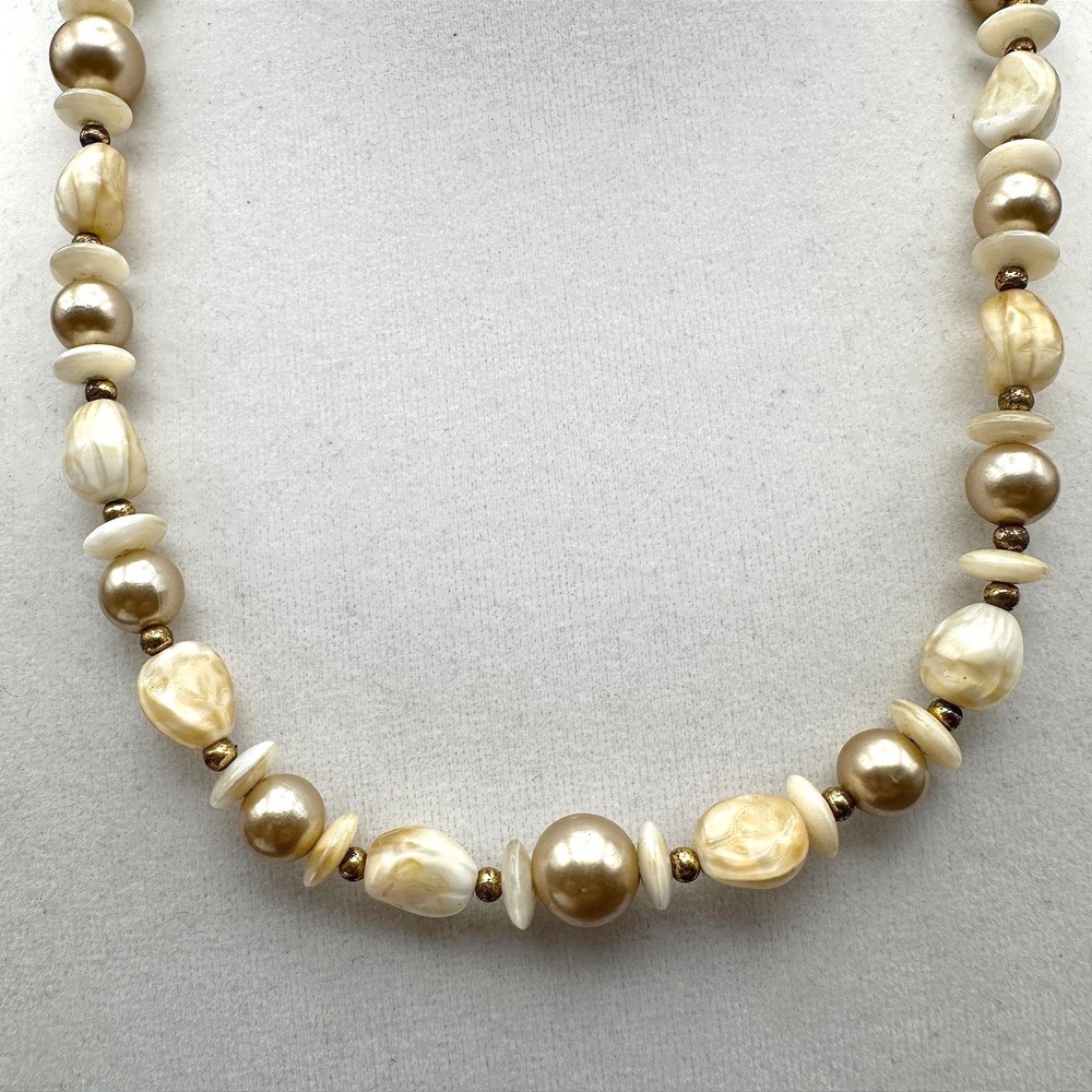 Vintage‎ Ivory & Gold Toned Graduated Faux Pearl  Statement Necklace 80s Jewelry